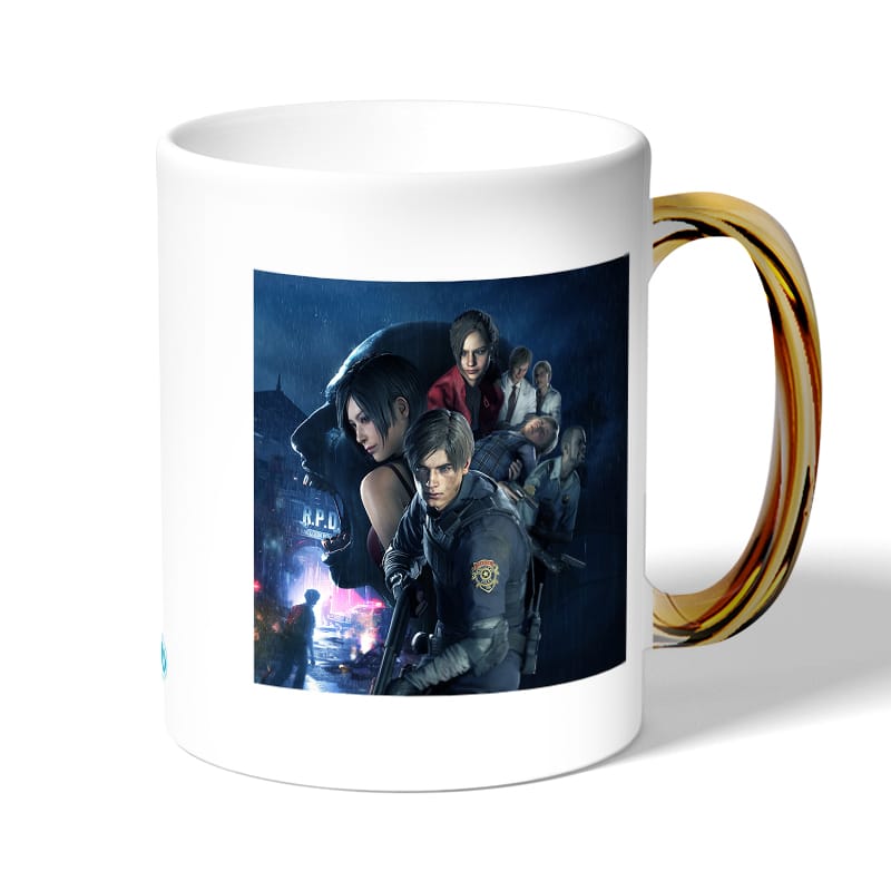 كوب قهوة بمقبض ذهبي بتصميم ريزدنت ايفل 2 جميع الشخصيات كوب قهوة بمقبض ذهبي بتصميم ريزدنت ايفل 2 جميع الشخصيات