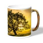 كوب قهوة بمقبض ذهبي بتصميم شجره الغروب