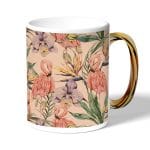 كوب قهوة بمقبض ذهبي بتصميم طائر الفلامنجو