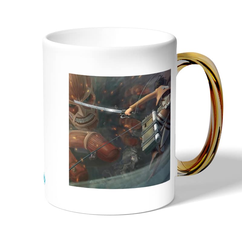 كوب قهوة بمقبض ذهبي بتصميم قتال مع العملاق الضخم هجوم العمالقة كوب قهوة بمقبض ذهبي بتصميم قتال مع العملاق الضخم هجوم العمالقة