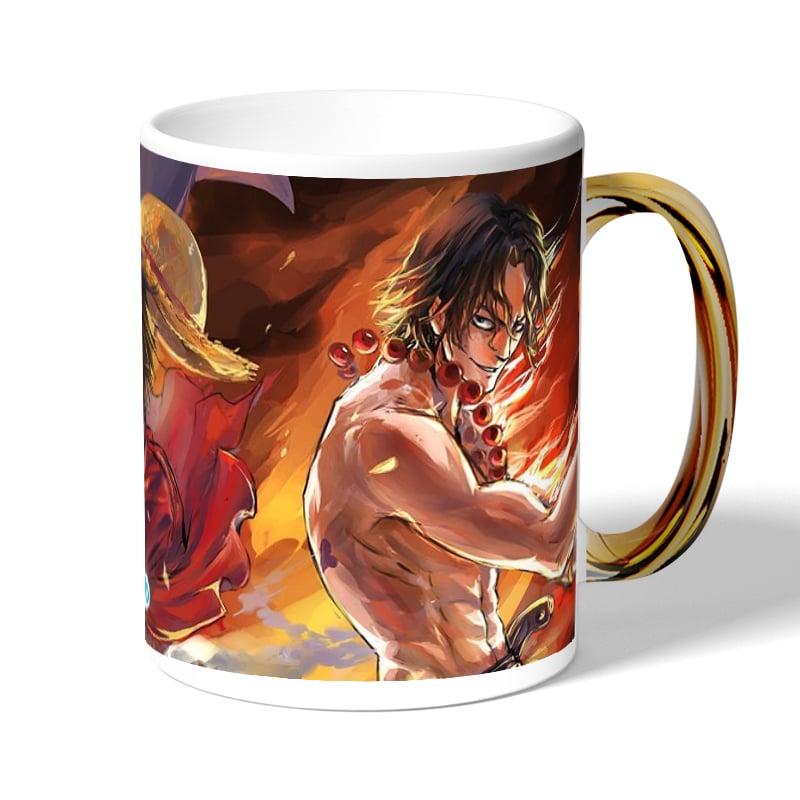 كوب قهوة بمقبض ذهبي بتصميم لوفي سابو إيس ون بيس كوب قهوة بمقبض ذهبي بتصميم لوفي سابو إيس ون بيس