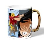 كوب قهوة بمقبض ذهبي بتصميم لوفي ضد سيزار ون بيس