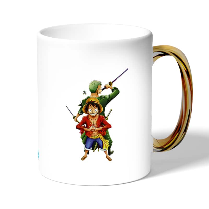 كوب قهوة بمقبض ذهبي بتصميم لوفي و زورو ون بيس كوب قهوة بمقبض ذهبي بتصميم لوفي و زورو ون بيس