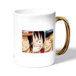 كوب قهوة بمقبض ذهبي بتصميم لوفي وشقيقاه ون بيس