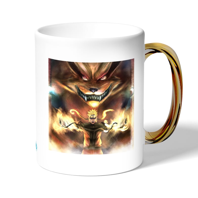 كوب قهوة بمقبض ذهبي بتصميم ناروتو وكوراما الكيوبي كوب قهوة بمقبض ذهبي بتصميم ناروتو وكوراما الكيوبي