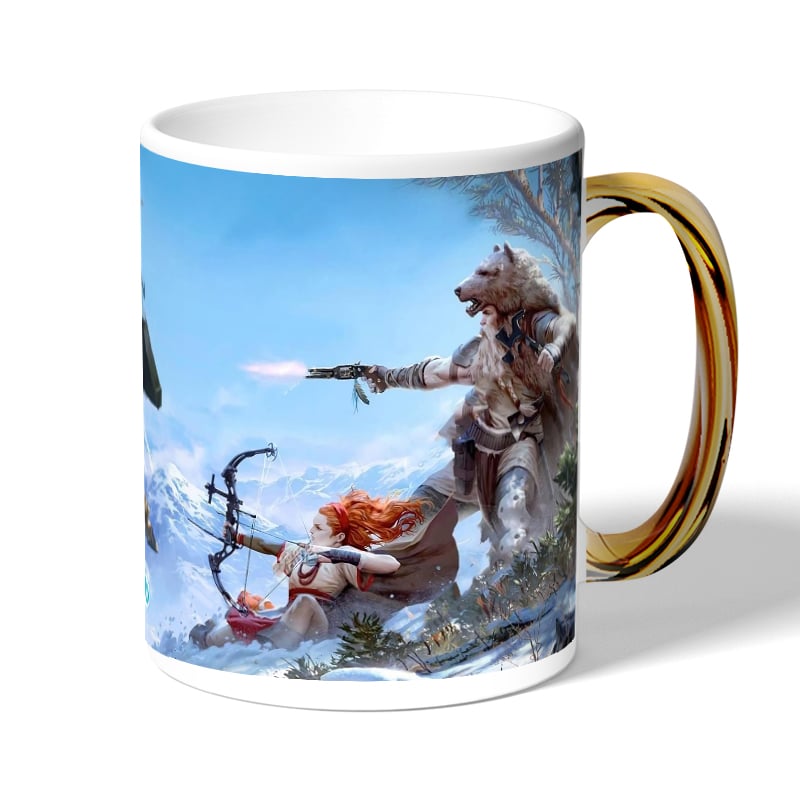 كوب قهوة بمقبض ذهبي بتصميم هوريزن زيرو دون كوب قهوة بمقبض ذهبي بتصميم هوريزن زيرو دون