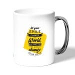 كوب قهوة بمقبض فضي بتصميم عبارات انجليزيه