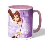 كوب قهوة بمقبض وردي بتصميم الاميرة بيلا بفستان لامع