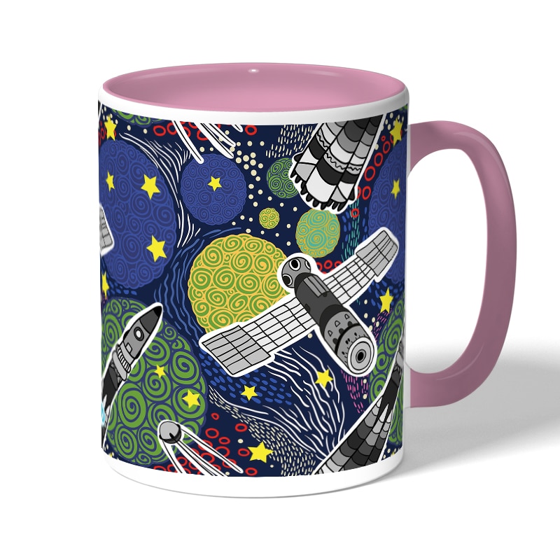 كوب قهوة بمقبض وردي بتصميم الفضاء الخارجي كوب قهوة بمقبض وردي بتصميم الفضاء الخارجي