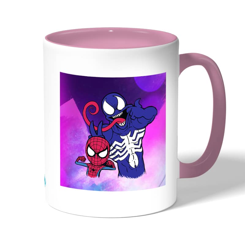 كوب قهوة بمقبض وردي بتصميم  سبيدر مان رسم كوب قهوة بمقبض وردي بتصميم  سبيدر مان رسم