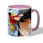 كوب قهوة بمقبض وردي بتصميم لوفي ضد سيزار ون بيس