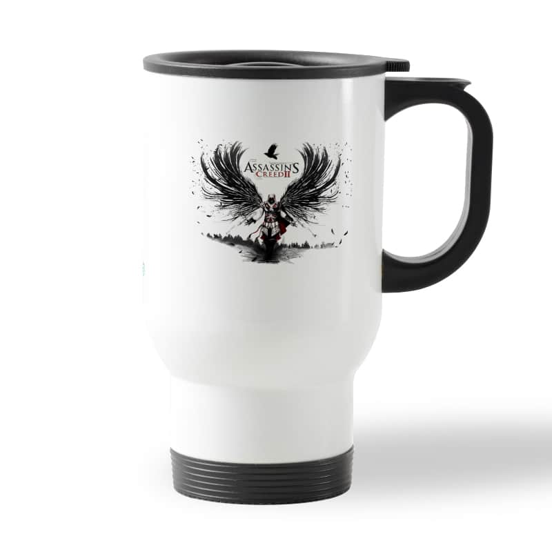 كوب قهوة للسيارة لون ابيض بتصميم أساسنز كريد الجناح الأسود كوب قهوة للسيارة لون ابيض بتصميم أساسنز كريد الجناح الأسود