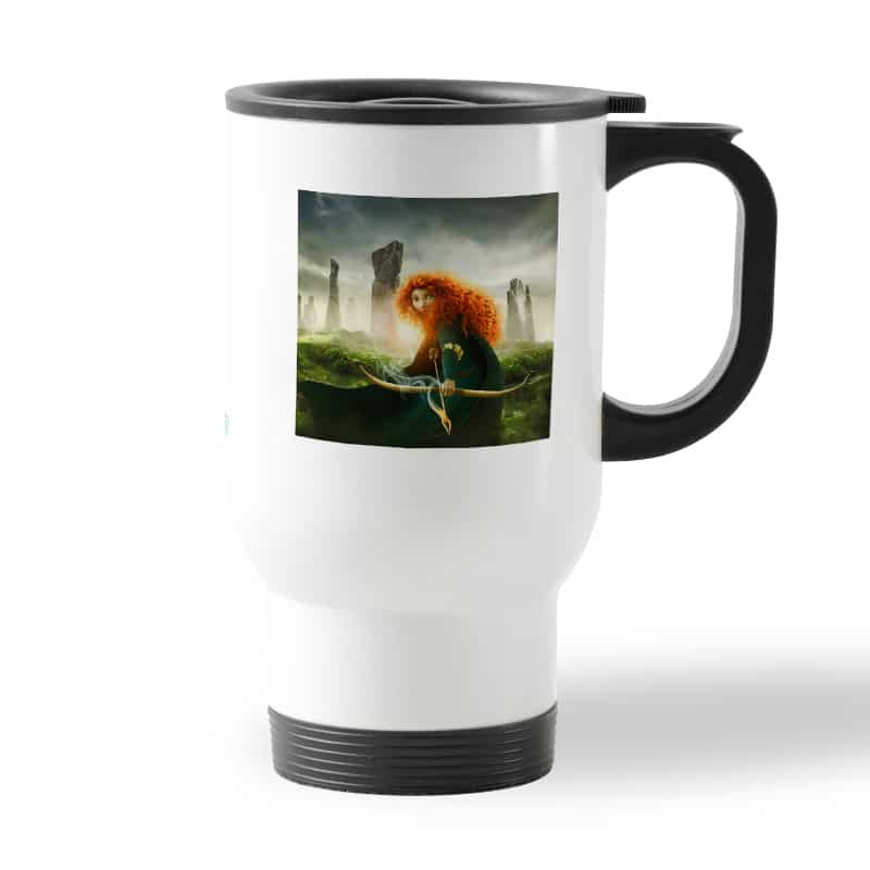 كوب قهوة للسيارة لون ابيض بتصميم الأميرة صاحبة القوس والسهم كوب قهوة للسيارة لون ابيض بتصميم الأميرة صاحبة القوس والسهم