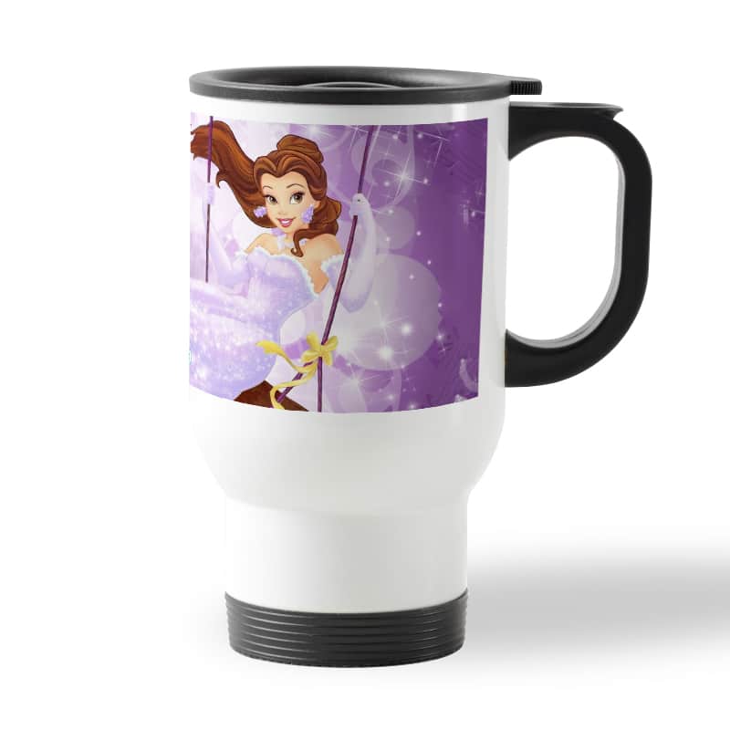 كوب قهوة للسيارة لون ابيض بتصميم الاميرة بيلا بفستان لامع كوب قهوة للسيارة لون ابيض بتصميم الاميرة بيلا بفستان لامع