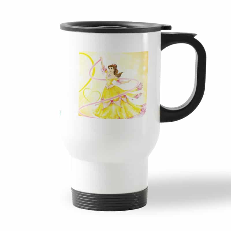 كوب قهوة للسيارة لون ابيض بتصميم الاميرة بيلا فيلم الجميلة والوحش كوب قهوة للسيارة لون ابيض بتصميم الاميرة بيلا فيلم الجميلة والوحش