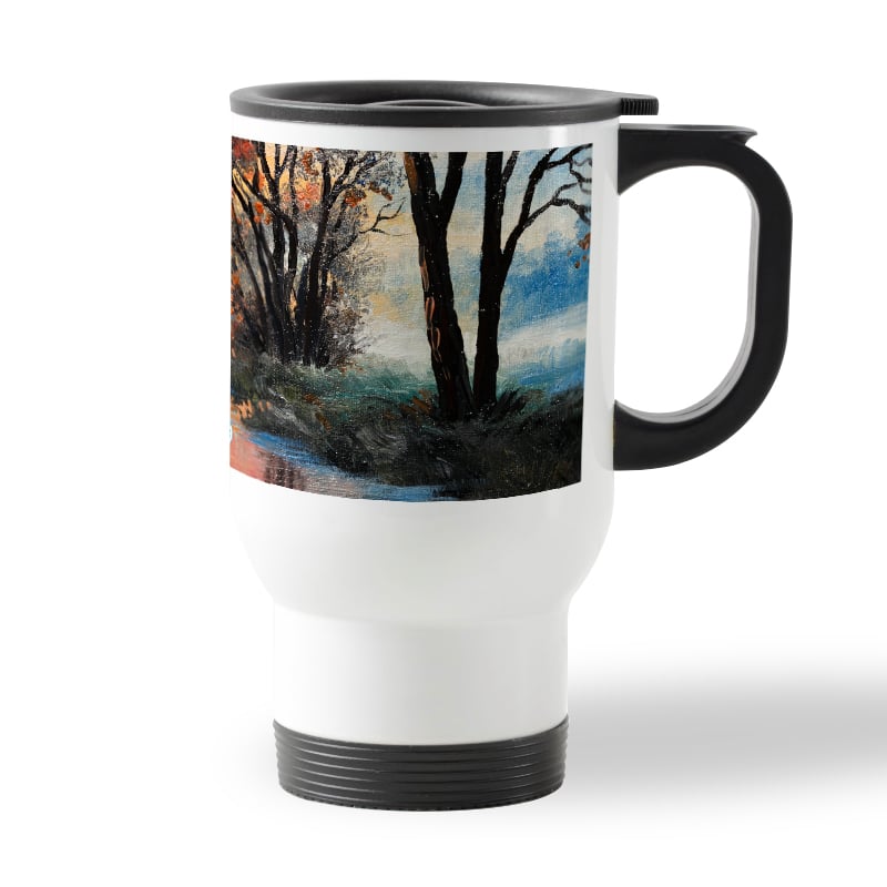 كوب قهوة للسيارة لون ابيض بتصميم انعكاس الغروب كوب قهوة للسيارة لون ابيض بتصميم انعكاس الغروب