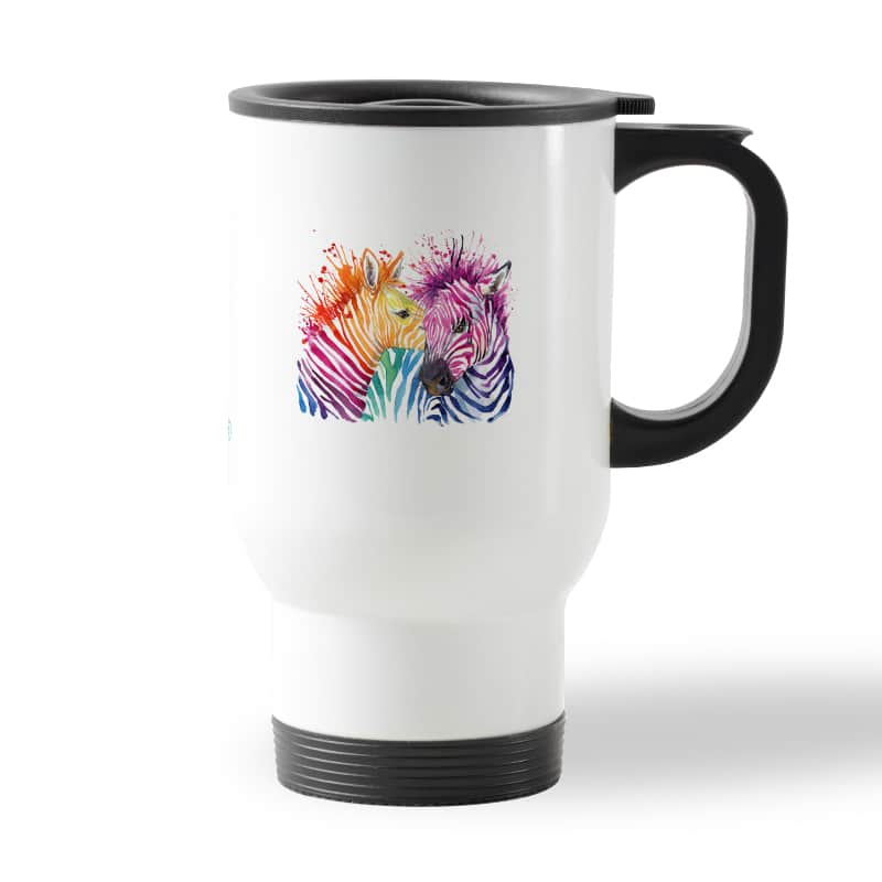 كوب قهوة للسيارة لون ابيض بتصميم حمار وحشي ملون كوب قهوة للسيارة لون ابيض بتصميم حمار وحشي ملون