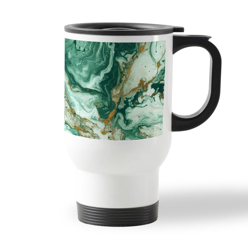 كوب قهوة للسيارة لون ابيض بتصميم ذهبي وأخضر كوب قهوة للسيارة لون ابيض بتصميم ذهبي وأخضر