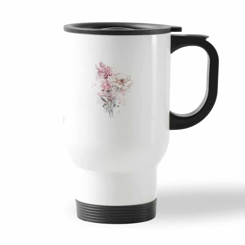 كوب قهوة للسيارة لون ابيض بتصميم رسمه ورده كوب قهوة للسيارة لون ابيض بتصميم رسمه ورده