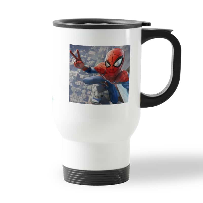 كوب قهوة للسيارة لون ابيض بتصميم سبايدر مان اعلى البرج كوب قهوة للسيارة لون ابيض بتصميم سبايدر مان اعلى البرج