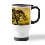 كوب قهوة للسيارة لون ابيض بتصميم شجره الغروب