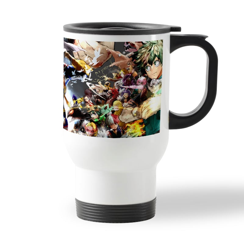 كوب قهوة للسيارة لون ابيض بتصميم شخصيات أكاديميتي للأبطال كوب قهوة للسيارة لون ابيض بتصميم شخصيات أكاديميتي للأبطال