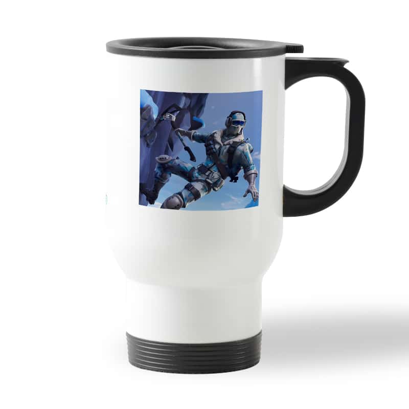 كوب قهوة للسيارة لون ابيض بتصميم فورت نايت تسلق جبل جليدي كوب قهوة للسيارة لون ابيض بتصميم فورت نايت تسلق جبل جليدي