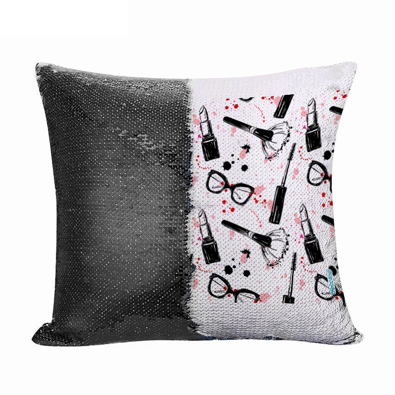 مخدة سحرية مع الحشوة لون اسود بتصميم ادوات المكياج والموضة مخدة سحرية مع الحشوة لون اسود بتصميم ادوات المكياج والموضة