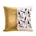 مخدة سحرية مع الحشوة لون ذهبي بتصميم ادوات المكياج والموضة