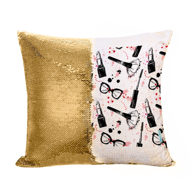 مخدة سحرية مع الحشوة لون ذهبي بتصميم ادوات المكياج والموضة مخدة سحرية مع الحشوة لون ذهبي بتصميم ادوات المكياج والموضة