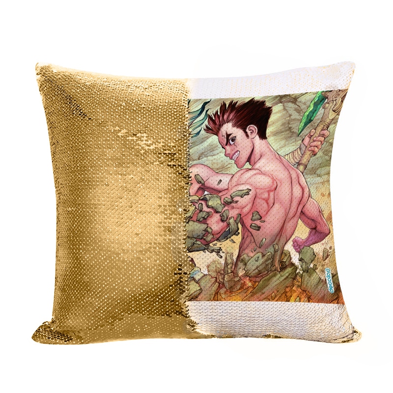 مخدة سحرية مع الحشوة لون ذهبي بتصميم اوكي تايجو دكتور ستون مخدة سحرية مع الحشوة لون ذهبي بتصميم اوكي تايجو دكتور ستون