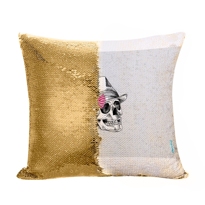 مخدة سحرية مع الحشوة لون ذهبي بتصميم جمجمه بقبعه مخدة سحرية مع الحشوة لون ذهبي بتصميم جمجمه بقبعه