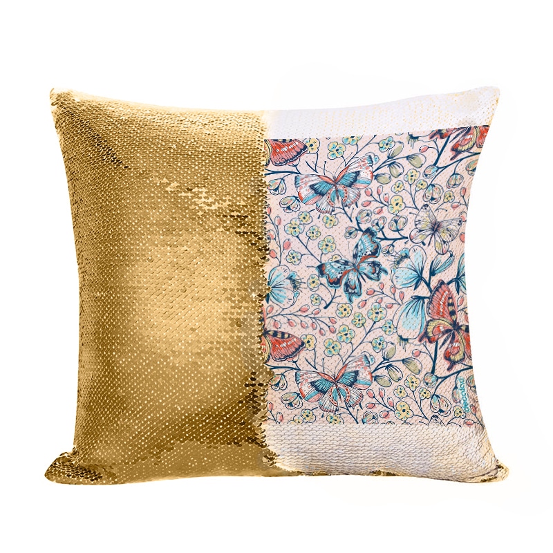 مخدة سحرية مع الحشوة لون ذهبي بتصميم ورود وفراشات مخدة سحرية مع الحشوة لون ذهبي بتصميم ورود وفراشات