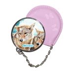 مرآة جيب جلد  دائرية  بتصميم ذئب