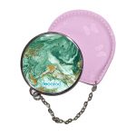 مرآة جيب جلد  دائرية  بتصميم ذهبي وأخضر